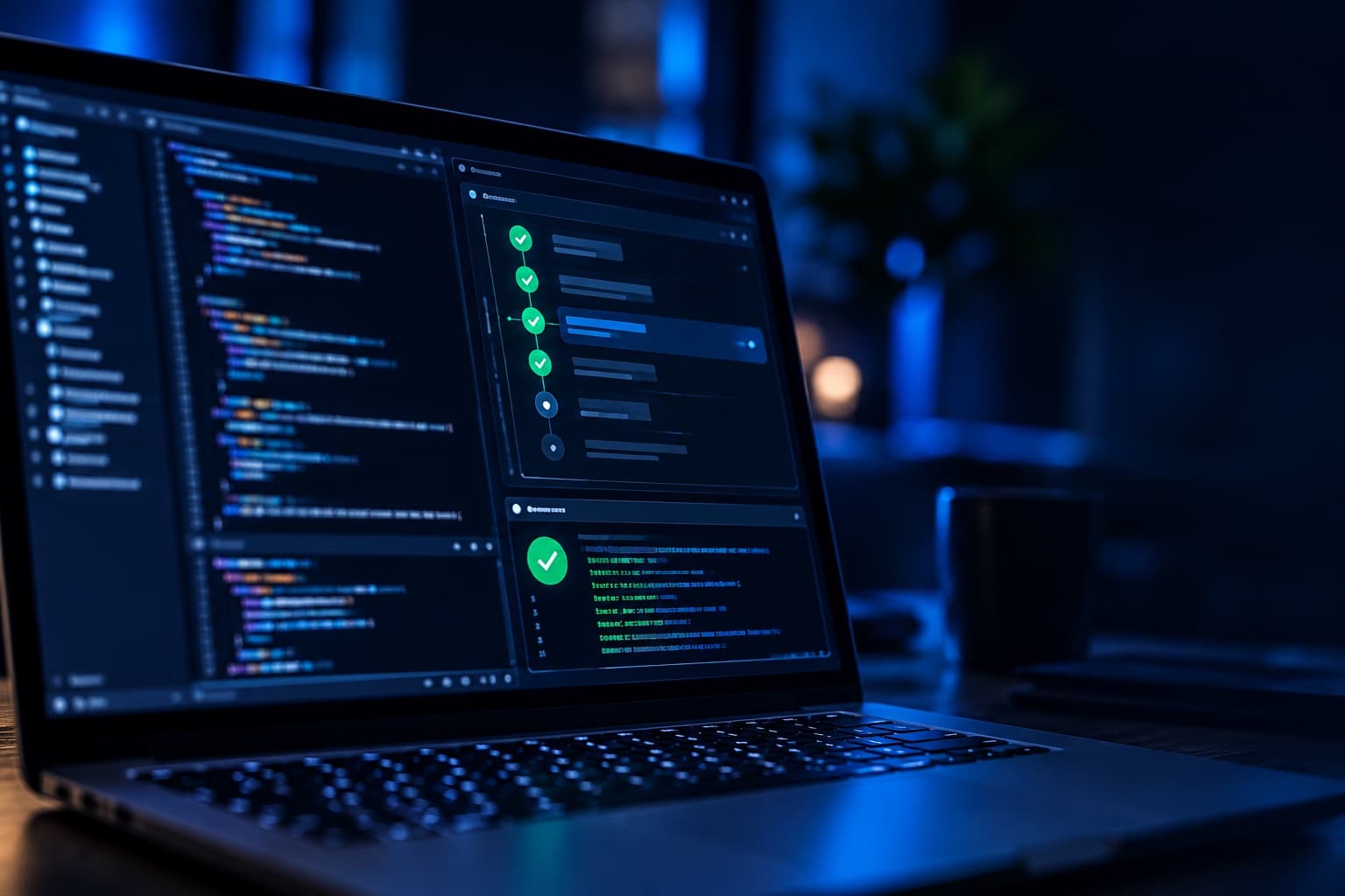 Laptop showing a code editor and a passing pipeline at night